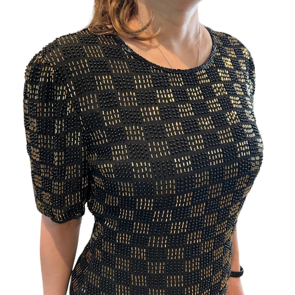 Vintage Mark & John by Gopal Silk Beaded Dress Black Gold Checkered S